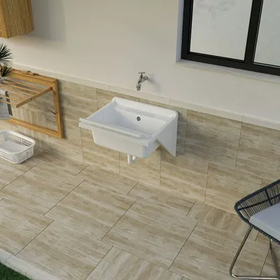 Sinks - Mongardi: Resin Tub with Wall-Mounting Brackets and Washboard, Acid-Resistant, Indoor and Outdoor, 46W × 51D × 26H cm, White - MONGARDI