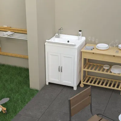 Lavabos - Mongardi : Meuble évier-lavoir en résine, Pré-perçable pour installer un robinet, Résistant aux acides, Intérieur et Extérieur, 60L × 60P × 85H cm, Blanc - MONGARDI