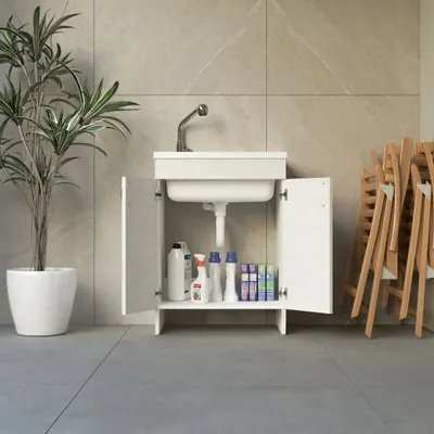 Sinks - Mongardi: Wooden Utility Sink Cabinet with Resin Tub, Pre-Drilled for Tap Installation, Acid-Resistant, Indoor, 60W × 60D × 85H cm, White - MONGARDI