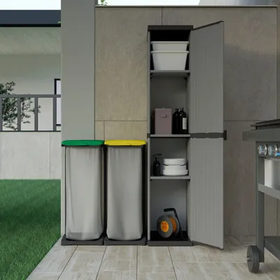 Etagères - Mongardi : Armoire à 3 niveaux en résine avec une porte, Facile à monter, Système modulaire, Intérieur et Extérieur, 34L × 38,5P × 165H cm, Gris et Noir - MONGARDI