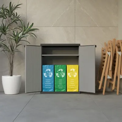 Etagères - Mongardi : Armoire en résine à deux portes pour le tri sélectif, Facile à monter, Compacte, Système modulaire, Intérieur et Extérieur, 68L × 38,5P × 85H cm, Gris et Noir - MONGARDI