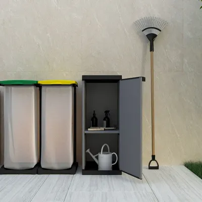 Shelves - Mongardi: Resin Cabinet with One Door and One Shelf, Easy to Assemble, Compact, Modular System, Indoor and Outdoor, 34W × 38.5D × 85H cm, Grey and Black - MONGARDI