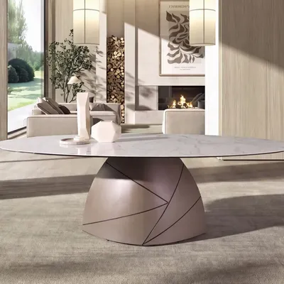 Dining Tables - Oval dining table in porcelain marble and metallic taupe steel - ANGEL CERDÁ