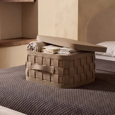 Baskets - Rectangular decorative storage basket in dark mink regenerated leather with lid - ANGEL CERDÁ