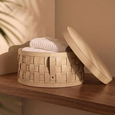 Corbeilles - Panier de rangement décoratif rond en cuir régénéré couleur sable avec couvercle - ANGEL CERDÁ