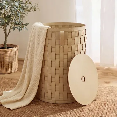 Corbeilles - Panier de rangement décoratif cylindrique en cuir régénéré couleur sable avec couvercle - ANGEL CERDÁ