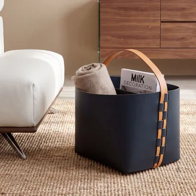 Baskets - Rectangular decorative storage basket in dark blue regenerated leather with handle - ANGEL CERDÁ