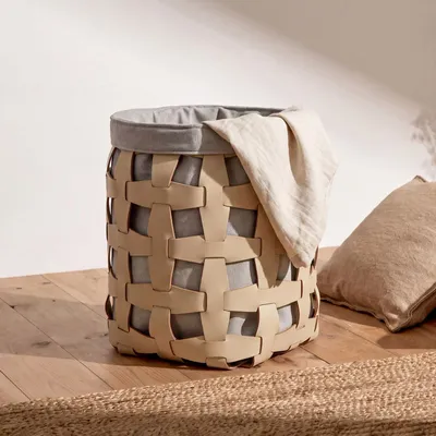 Baskets - Cylindrical decorative storage basket in sand-coloured regenerated leather - ANGEL CERDÁ