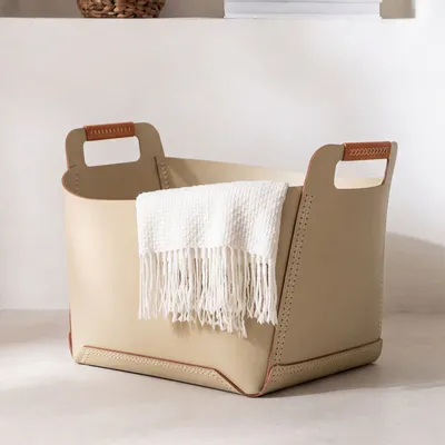 Baskets - Rectangular decorative storage basket in sand-coloured regenerated leather with handles - ANGEL CERDÁ