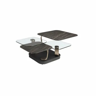 Coffee tables - Square extendable coffee table in tempered glass and porcelain marble, gold-coloured steel and black steel - ANGEL CERDÁ