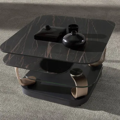 Coffee tables - Square extendable coffee table in tempered glass and porcelain marble, gold-coloured steel and black steel - ANGEL CERDÁ