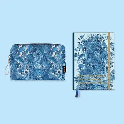 Papeterie bureau - Carnet en satin/nylon imprimé oiseaux et fleurs bleu de Delft - BIEN MOVES