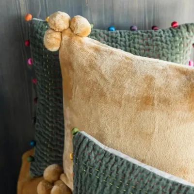 Cushions - Tender Pompons Cushion Ocre 45 X 45 - MAISON VIVARAISE - SDE VIVARAISE WINKLER