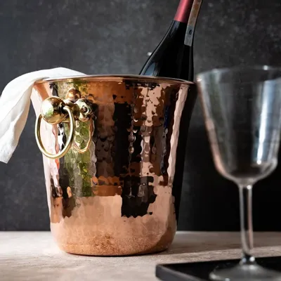 Wine accessories - Handcrafted Hammered Copper Wine & Ice Bucket with Solid Brass Handles - BELS & PEARL