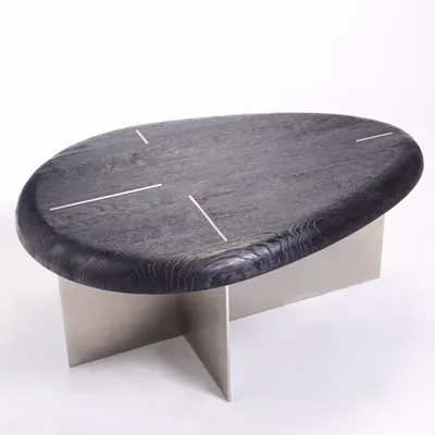 Tables pour hôtels - Table Basse Ovale Mask L Bois Sablé noir, pied Acier Inoxidable Brossé - DUISTT