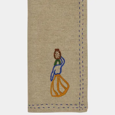 Linge de table textile - HAND-EMBROIDERED COMPORTA THE WATER CARRIER BEIGE LINEN WITH MULTICOLO - HOUSE OF CAPRICORN