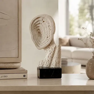 Hotel bedrooms - Handcrafted Travertine Abstract Sculpture with Black Marble Base - BELS & PEARL