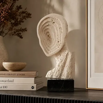 Hotel bedrooms - Handcrafted Travertine Abstract Sculpture with Black Marble Base - BELS & PEARL