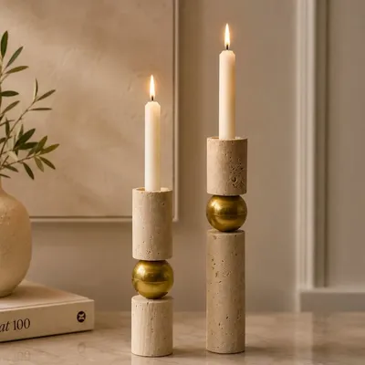 Candlesticks and candle holders - Handcrafted Travertine Brass Candle Holder Set Sculptural Candlestick - BELS & PEARL