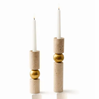 Candlesticks and candle holders - Handcrafted Travertine Brass Candle Holder Set Sculptural Candlestick - BELS & PEARL