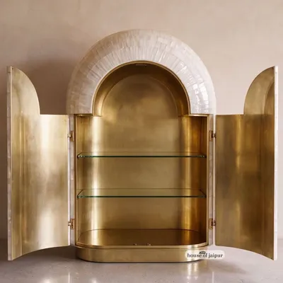 Wardrobe - Arcana Mother-of-Pearl and Brass Sculptural Bar Cabinet - HOUSE OF JAIPUR
