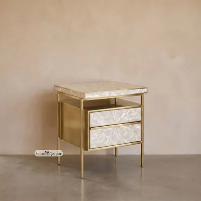Night tables - Arcana Mother-of-Pearl Sunburst and Brushed-Brass Bedside Table - HOUSE OF JAIPUR