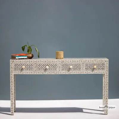 Consoles - Geometric Console Table – Bone Inlay - HOUSE OF JAIPUR