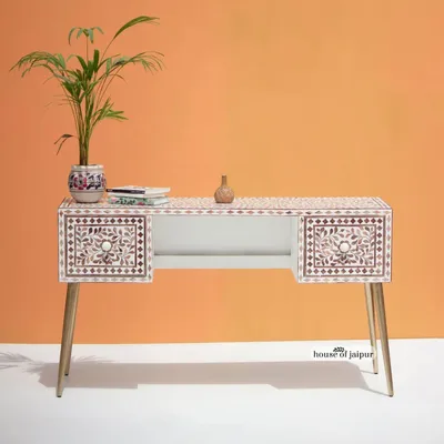 Bureaux - Teak Wood Inlay Work Desk by House of Jaipur - HOUSE OF JAIPUR