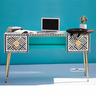 Desks - Geometric Work Desk — Bone Inlay - HOUSE OF JAIPUR