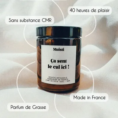 Cadeaux - Bougie Parfumée - Ca sent le cul ici ! - Musc blanc – 160g - MUISTI