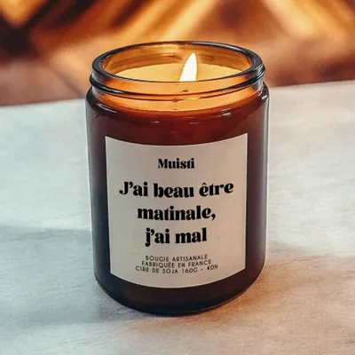 Cadeaux - Bougie Parfumée - J'ai beau être matinale j'ai mal - Musc blanc – 160g - MUISTI