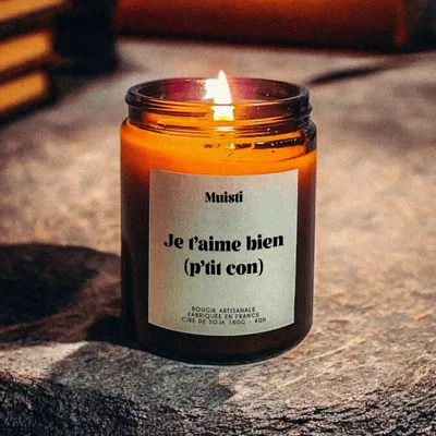 Cadeaux - Bougie Parfumée - Je t'aime bien (p'tit con) - Musc blanc – 160g - MUISTI