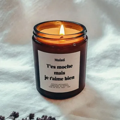Cadeaux - Bougie Parfumée - T'es moche mais je t'aime bien - Musc blanc – 160g - MUISTI