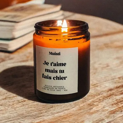 Cadeaux - Bougie Parfumée - Je t'aime (mais tu fais chier) - Musc blanc – 160g - MUISTI