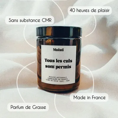 Cadeaux - Bougie Parfumée - Tous les culs sont permis - Musc blanc – 160g - MUISTI