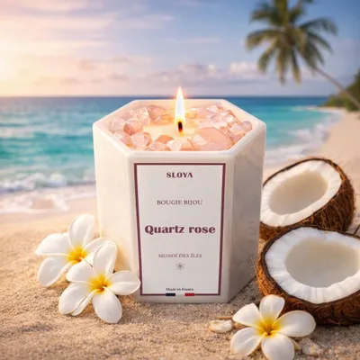 Cadeaux - Bougie bijou pierres Quartz Rose - parfum Monoï des Îles - SLOYA
