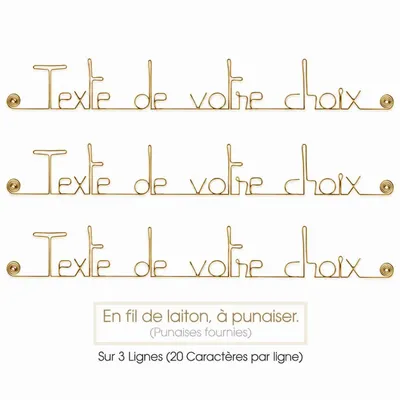 Objets personnalisables - Phrase " Personnalisable 3 lignes " en fil de laiton doré - à punaiser - BIJOUX DE MUR
