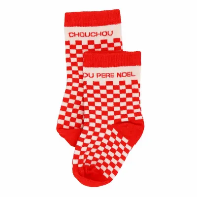 Mode enfantine - Chaussettes bébé damier bambou "Chouchou du Père Noël" Rouge 6-18M - BB&CO