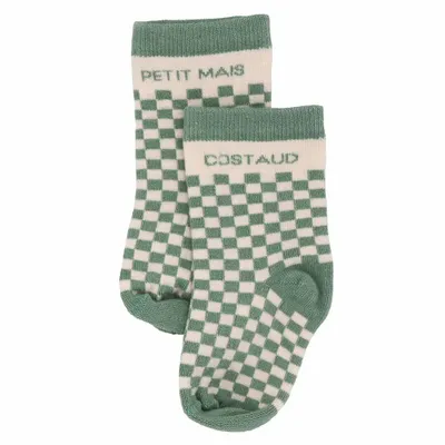 Mode enfantine - Chaussettes bébé damier bambou "Petit mais Costaud" Vert de gris 6-18M - BB&CO