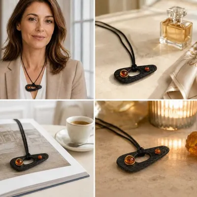 Jewelry - Bog Oak & Baltic Amber Pendant – Black, 55x25x8 mm – Shield of Time - GLASS4CANDLES