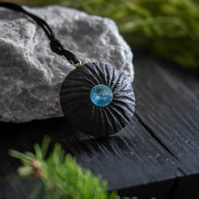 Jewelry - Bog Oak & Austrian Crystal Pendant – Round, 40x40x12 mm – Blue Halo - GLASS4CANDLES