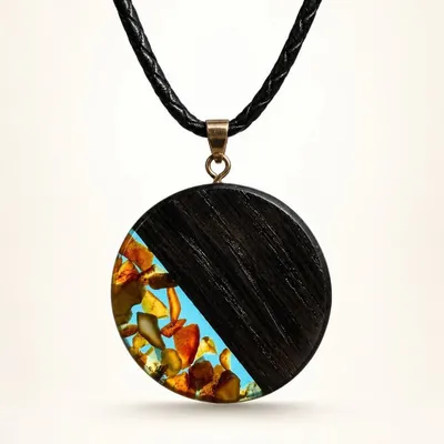 Bijoux - Pendentif en chêne noir et ambre – cercle – Halo Disc Turquoise - GLASS4CANDLES
