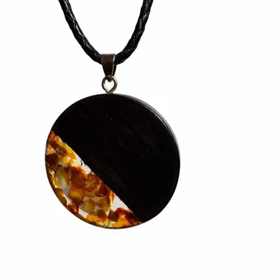 Jewelry - Bog Oak & Baltic Amber Pendant – Round, 40x40x6 mm – Clear Halo Disc - GLASS4CANDLES