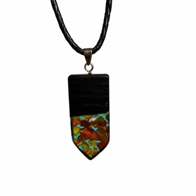 Jewelry - Bog Oak & Amber Pendant – Rectangle, 45x20x6 mm – turquoise resin - GLASS4CANDLES