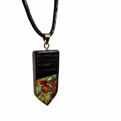 Jewelry - Bog Oak & Amber Pendant – Rectangle, 45x20x6 mm – turquoise resin - GLASS4CANDLES