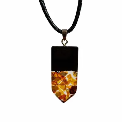 Jewelry - Bog Oak & Baltic Amber Pendant – Rectangle, 45x20x6 mm – clear resin - GLASS4CANDLES