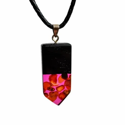 Jewelry - Bog Oak & Baltic Amber Pendant – Rectangle, 45x20x6 mm – fuchsia resin - GLASS4CANDLES