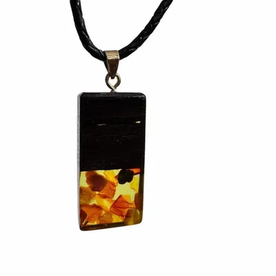 Jewelry - Bog Oak & Amber Pendant – Rectangle, 40x20x6 mm – Olive Monolith Bar - GLASS4CANDLES