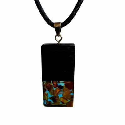 Jewelry - Bog Oak & Baltic Amber Pendant – Rectangle – Turquoise Monolith Bar - GLASS4CANDLES