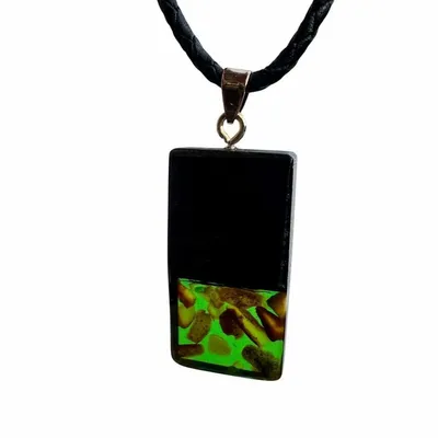 Jewelry - Bog Oak & Amber Pendant – Rectangle, 40x20x6 mm – Green Monolith Bar - GLASS4CANDLES